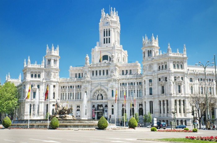 Plaza de Cibeles and Palacio de Comunicaciones, famous landmark in Madrid, Spain.